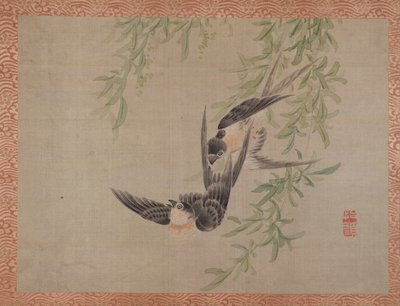 飛行中のツバメ、1851年（シルクに水彩） 作： Tsubaki Chinzan